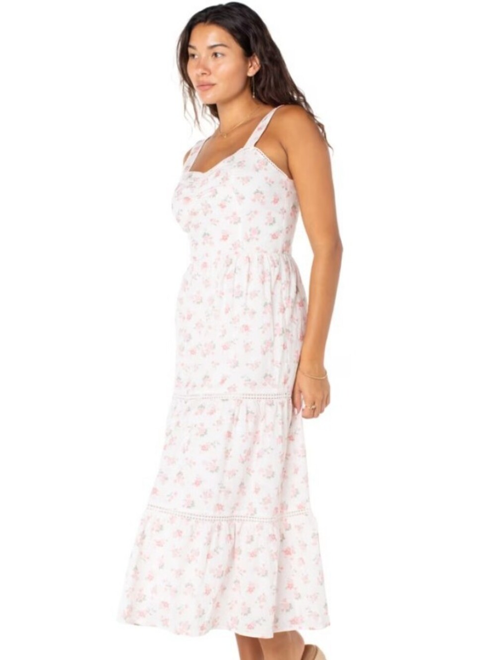 Viral Celebrity Pink White Midi Dress with Pink Floral Print, Size L
